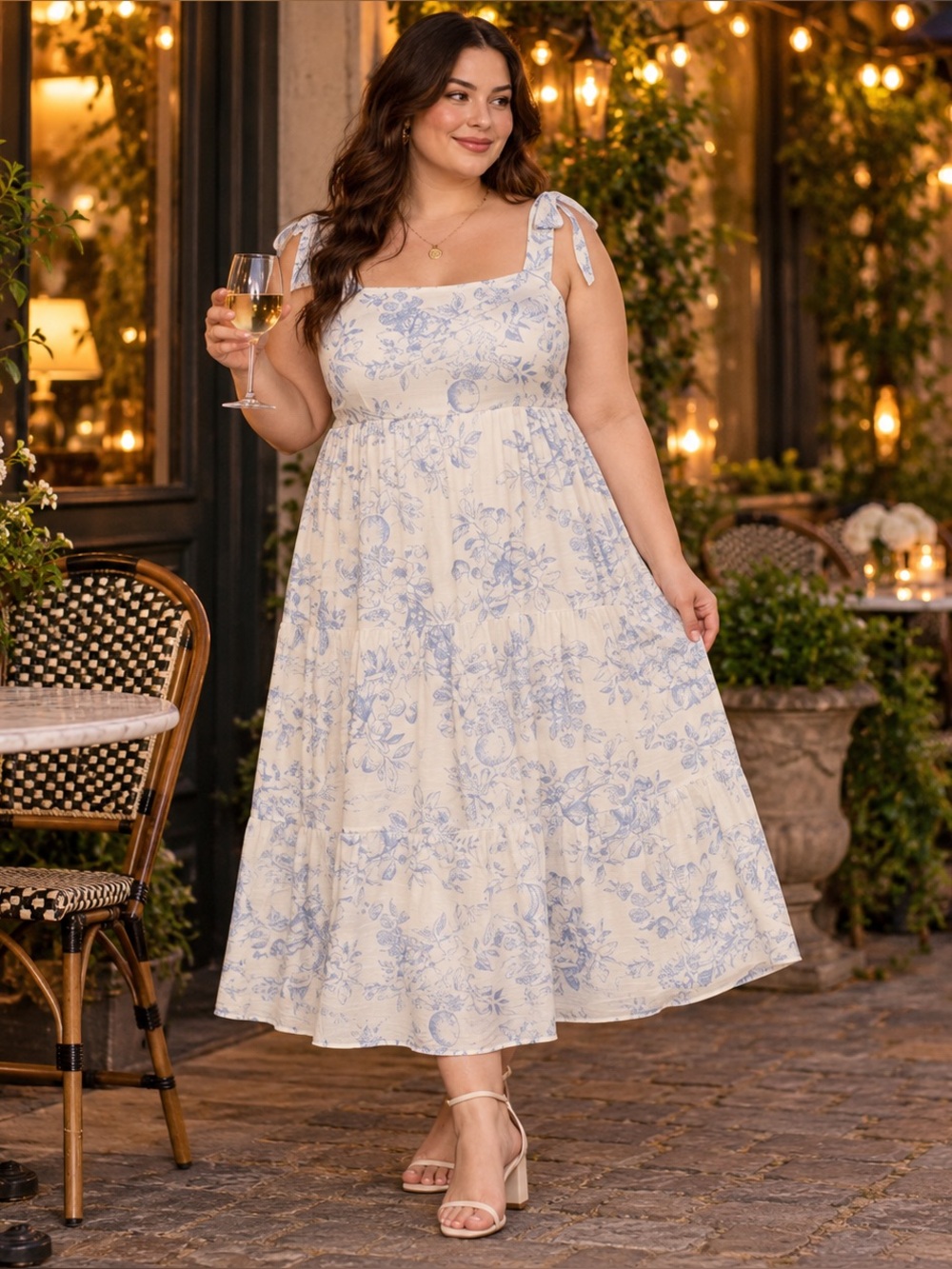 NWT Perch Blu Pepper Plus Floral Midi Dress Blue Ivory Tie Strap Sundress 3X